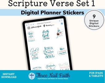 Bible Verse Digital Stickers Set 1, Christian sayings, Faith Bible Verse Christian Digital Stickers For Planners, GoodNotes Elements