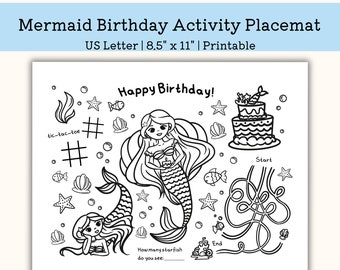 Printable Mermaid Birthday Activity Placemat, Kindergarten Worksheet, toddler Activity for Children, pre k PDF, US Letter