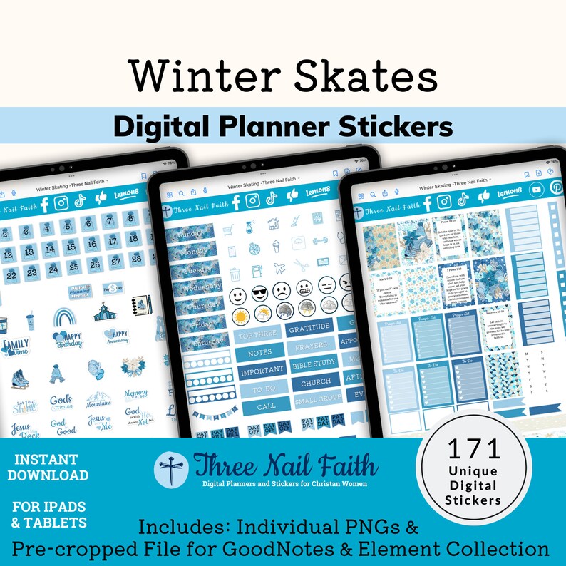 Winter Skating Digital Planner stickers with 171 individual digital stickers