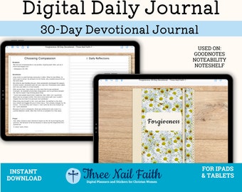 Puede incluir: Un diario digital diario con un tema devocional de 30 días sobre el perdón. El diario está diseñado para su uso en iPads y tabletas. La portada presenta un fondo blanco con un patrón floral de margaritas blancas. El texto "Perdón" está escrito en negro en la portada.