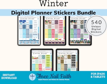 Winter Digital Planner Sticker Bundle 2022, Nativity, Christmas Trees, Santa Clause, New Year's Eve, Christian Faith Stickers For Planners