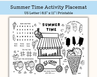 Printable Summer Time Activity Placemat, Kindergarten Worksheet, toddler Activity for Children, pre k PDF, US Letter