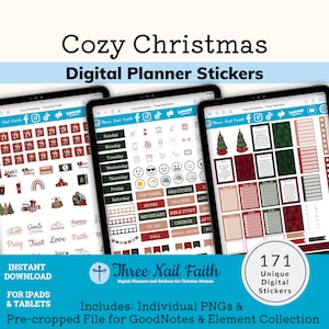 May include: A digital planner sticker set with a cozy Christmas theme. The stickers feature a variety of designs, including Christmas trees, presents, snowflakes, and religious symbols. The stickers are pre-cropped for use in GoodNotes and other digital planning apps. There are 171 unique stickers in the set.