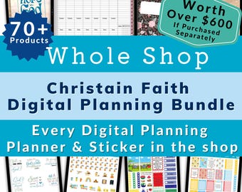 May include: A digital planner bundle for Christian faith, featuring over 70 products, including planners and stickers. The image shows a variety of digital planners and stickers with Christian themes, such as "God's Grace", "Pray", and "All Things Possible". The text "Worth Over $600 If Purchased Separately" is displayed on a blue background.
