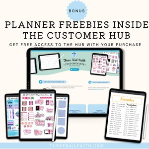 With your purchase, you will also receive a link to gain access to the customer hub that includes more freebies for you to use in your digital planner. Freebies include a free digital planner, stickers, and a scripture writing plan.