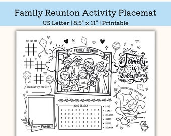 Printable Family Reunion Activity Placemat, Kindergarten Worksheet, toddler Activity for Children, pre k PDF, US Letter