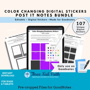 Op de afbeelding: Een digitale stickerbundel voor Goodnotes-appgebruikers. De bundel bevat 107 kleurveranderende post-it-notitiestickers. De afbeelding toont een paarse post-it-notitie met de tekst "Notes" en een kleurenpalet met verschillende kleuren. De tekst "Color Changing Goodnotes Stickers" is zichtbaar op het scherm.