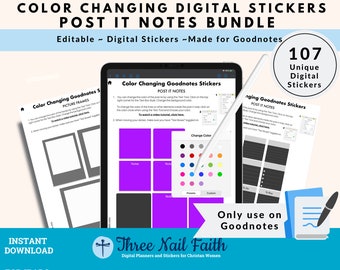 May include: A digital sticker bundle for Goodnotes app users. The bundle includes 107 color-changing post-it note stickers. The image shows a purple post-it note with the text "Notes" and a color palette with various colors. The text "Color Changing Goodnotes Stickers" is visible on the screen.