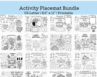 Printable Activity Placemat Bundle , Kindergarten Worksheet, toddler Activity for Children, pre k, US Letter