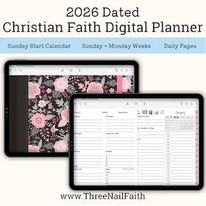 2026 Christian Faith Pink Dated Digital Planner, prayers and gratitude, Inspirational Planner, Minimalist Sunday & Monday weekly, daily
