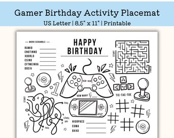 Printable Video Game Birthday Activity Placemat, Kindergarten Worksheet, toddler Activity for Children, pre k PDF, US Letter
