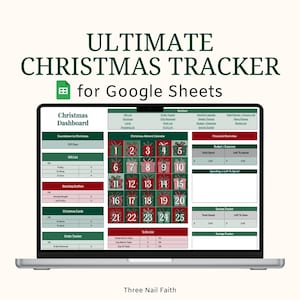 Può includere: Uno schermo di un laptop mostra un tracker natalizio per Google Sheets. L'interfaccia include un calendario dell'Avvento natalizio, liste di regali e sezioni di panoramica finanziaria. Il titolo recita "ULTIMATE CHRISTMAS TRACKER for Google Sheets."