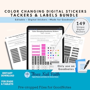 Könnte beinhalten: Ein digitales Planer-Sticker-Paket für Goodnotes mit 149 einzigartigen, farbwechselnden Stickern. Die Sticker sind vorgefertigt und mit "Color Changing Goodnotes Stickers Labels + Trackers" beschriftet. Das Bild zeigt einen Tablet-Bildschirm, auf dem die Sticker und Anweisungen zur Verwendung angezeigt werden.