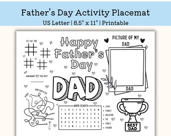 Printable Father's Day Activity Placemat, Kindergarten Worksheet, toddler Activity for Children, pre k PDF, US Letter