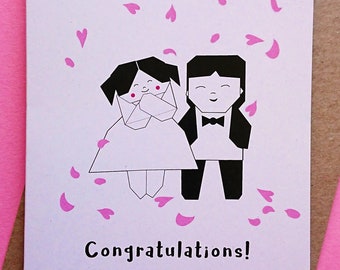 Wedding card, Greeting card, Congratulations card, cute origami couple, A6 card, black white pink