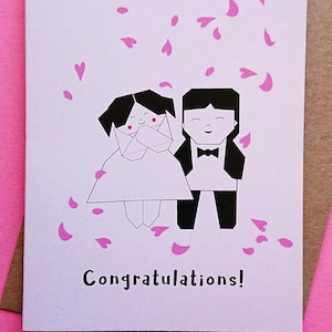 Wedding card, Greeting card, Congratulations card, cute origami couple, A6 card, black white pink