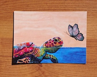 Postcard, turtle, butterfly, friends, penpals, Australian Art, original art card