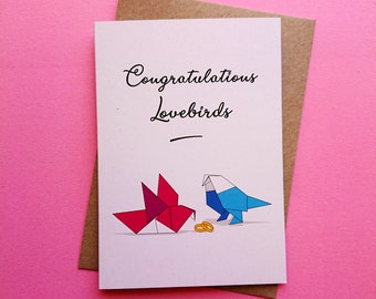 Wedding card, Engagement card, Congratulations card, cute origami lovebirds, A6 card