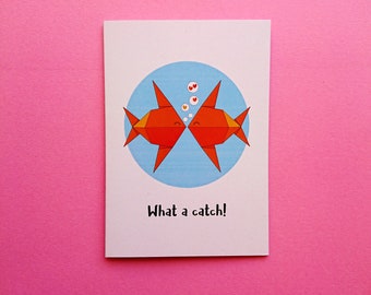 Valentines card, Greeting card, Anniversary card, happy, fun, fish, A6 card
