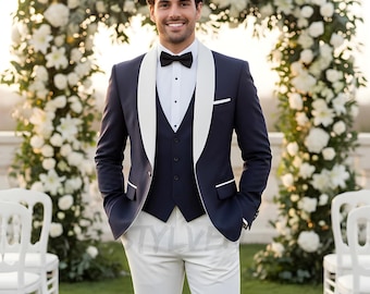 Navy Blue and White Three Piece Tuxedo for Men | Stylish Contrasting Dinner Suit | Elegant Wedding Groom Attire | Luxury Formalwear Look
