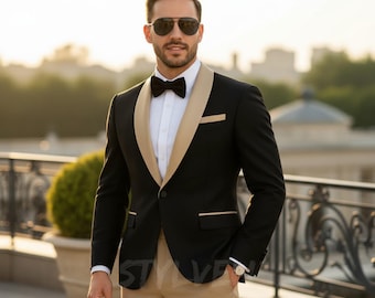 Designer Black and Beige Gold Tuxedo – Modern Slim Fit 3 Piece Suit for Groom | Elegant Wedding, Cocktail Party & Prom Formalwear Gift