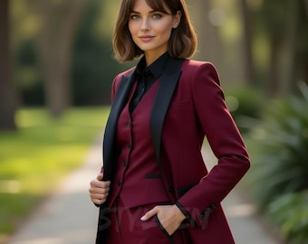 Women Burgundy 3 Piece Suit – Dapper Ladies Bussiness & Formalwear | Wedding and Cocktail Tuxedo - Timeless Fashion Boss Lady Power Suit