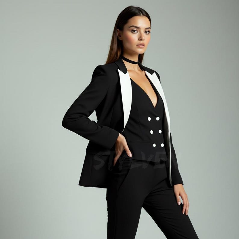 women-black-3-piece-suit-designer-white-peak-lapel-blazer-tailored