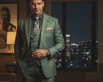 Italian Style Emerald Green Pinstripe Suit | Old Money High End Aesthetic Double Breast | Luxurious Premium Wedding Ceremony Event Partywear