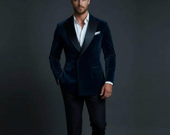 Blue Velvet Smoking Jacket – Navy & Black Tuxedo Suit for Men | Elegant Dinner Lounge Coat | Luxury Evening Ceremony Fashion Blazer Outfit