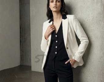 Women Black & Off White Suit | Luxury Corporate Office Chic | Modern Tuxedo Pantsuit| 3 Piece Formal Wedding Prom Party Set - Modern Fashion