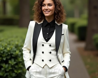 Women’s Double-Breasted White Tuxedo | Elegant Female 3 Piece Suit with Vest | Chic Formal Outfit for Wedding, Party & Evening Events