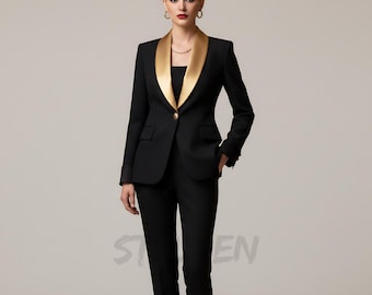 Black and Gold 3-Piece Women Suit | Designer Female Blazer Champagne Gold Silk Vest | Elegant Gala Pantsuit - Wedding Bridal cocktail Tuxedo