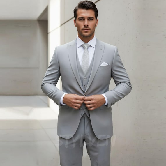 gray formal dress for men Light Grey Three Piece Suit | Modern Office Business Attire | Elegant Workwear green backdrop