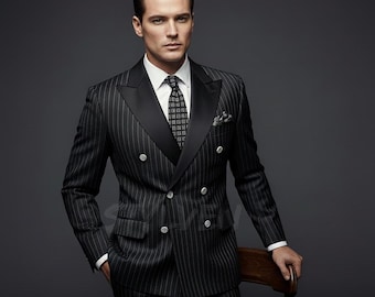 Luxury Black Pinstripe Double Breasted Tuxedo Suit — Tailored Formal Wedding Tux | Vintage Inspired Business Outfit | Designer Custom Fit