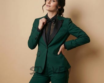Premium Women Emerald Green Tuxedo | Tailored Blazer with Black Lapels | Chic Evening Wear | Stylish Two Piece Co-ord Formal Wedding Attire
