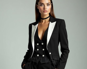 Women Black 3 Piece Suit – Designer White Peak Lapel Blazer | Tailored Female Pant Coat Formalwear Prom, Party, Wedding & Bridesmaid Wear