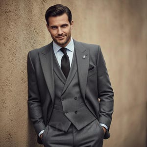 Puede incluir: Un traje gris de tres piezas con corbata negra y camisa azul claro. El traje incluye un chaleco cruzado y un pequeño prendedor. La persona está apoyada contra una pared de color neutro.