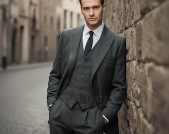 Dapper Charcoal Grey Pinstripe Suit – Vintage Double Breast Peak Lapel Coat with Pleated Trouser | Classic Gangster Mob Inspired Retro Style