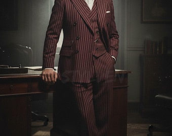 1930s Deep Maroon White-Stripe 3 Piece Suit | Handmade Double Breast Suit - Vintage Gangster Peaky Blinders Mafia Scarface Style Inspiration