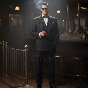 Traje de rayas blancas y negras estilo tiza – Traje cruzado de rayas diplomáticas / Estilo retro de los años 20, inspirado en los gánsteres de Peaky Blinders / Esmoquin