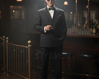 Schwarz-weiß gestreifter Anzug – zweireihiges Nadelstreifen-Outfit | Vintage 1920s Gangster Peaky Blinders Style Retro Herren Tux Kleidung