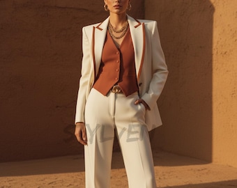 Women's Ivory Pantsuit with Rust Vest | Off White Tuxedo | Modern Female Bridal Wedding Suit Set with Terracotta Trim - Wide Leg Trousers