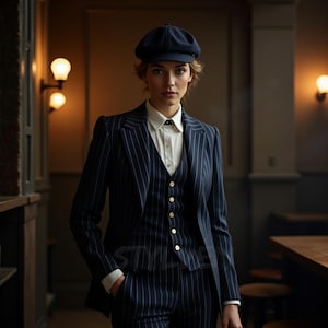 May include: A woman wearing a navy blue pinstripe suit, a white collared shirt, and a matching navy cap. The suit includes a blazer, vest, and trousers. The background is a dimly lit interior with warm lighting.