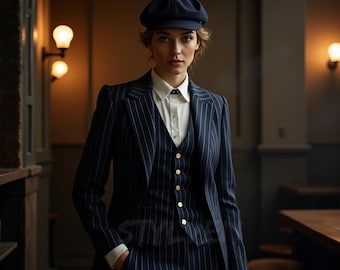 Women’s Peaky Blinders Navy Pinstripe Suit and Hat