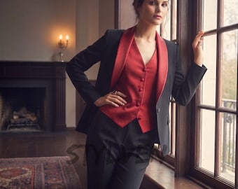 Stylish Women Black & Red Tuxedo | Designer 3 Piece Suit with Red Silk Lapel Vest | Female Coctail Prom Party Blazer | Wedding Evening Tux