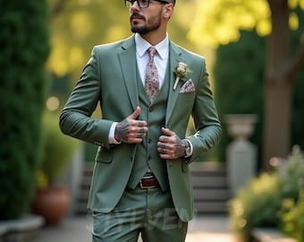 Modern Sage Green Suit for Men – Stylish 3 Piece Groom Wedding Attire | Slim Fit Prom Outfit & Elegant Formal Wear for Special Occasions