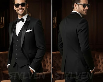 Bespoke Classic 3 Piece Black Tuxedo – Slim Fit Tailored Dinner Suit for Groom, Wedding, Prom, Party Formal Evening Ceremony | Gift Present