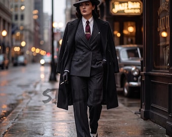 Vintage 1920s Women Pinstripe Suit Set Wool Overcoat & Fedora | Peaky Blinders Mob Gangster Outfit | Roaring Twenties British Shelby Cosplay