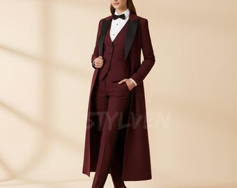 Designer Maroon Women 3 Piece Suit – Long Cape Style Trench Coat with Matching Vest Trousers | Elegant Handmade Formal Business Event Outfit
