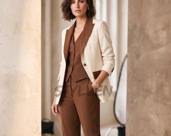 Women Modern Cream & Brown Designer Suit – Off White Bridal Wedding Pantsuit | Female Elegant Office, Prom, Gala, Cocktail Business Tuxedo